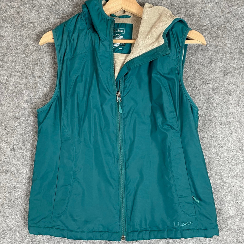 L.L. Bean Womens Small Petite Hooded Fleece Lined Vest Teal Full Zip Outdoor - Picture 2 of 14